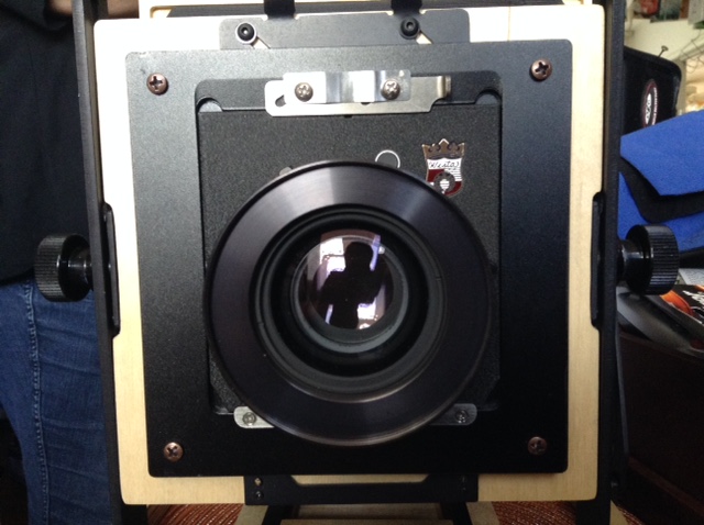 Camera with lens on Wista board mounted via the Sinar-Wista adapter to the Intrepid 8x10.